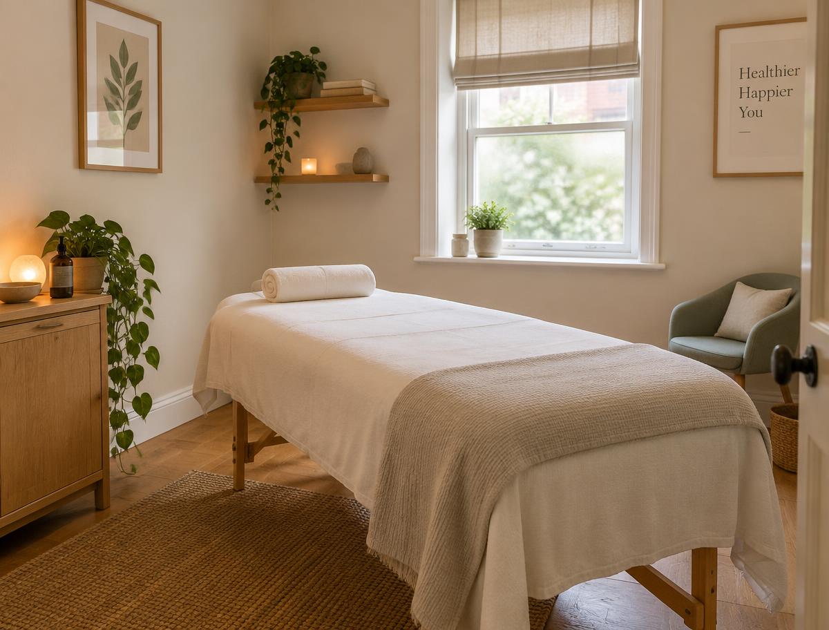 Calm private physiotherapy treatment environment with natural daylight