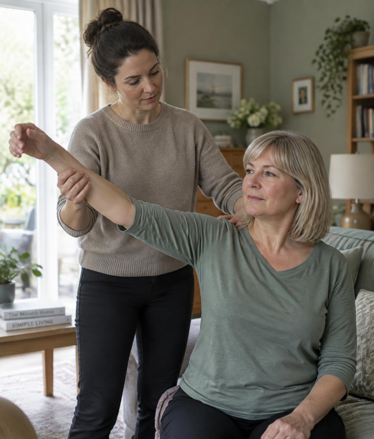 Physiotherapist guiding a client through controlled shoulder movement at home