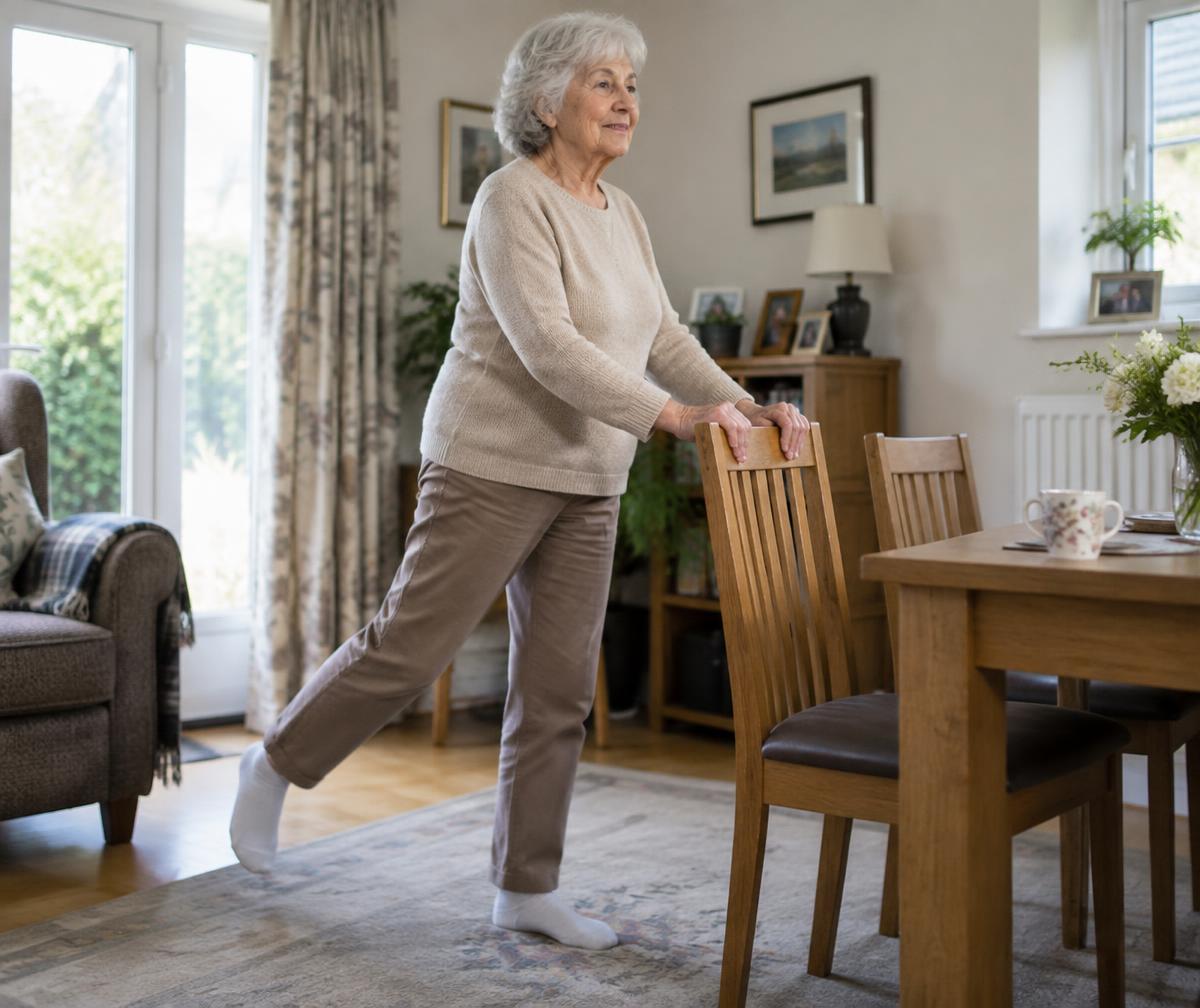 Older adult completing a supported strengthening exercise at home